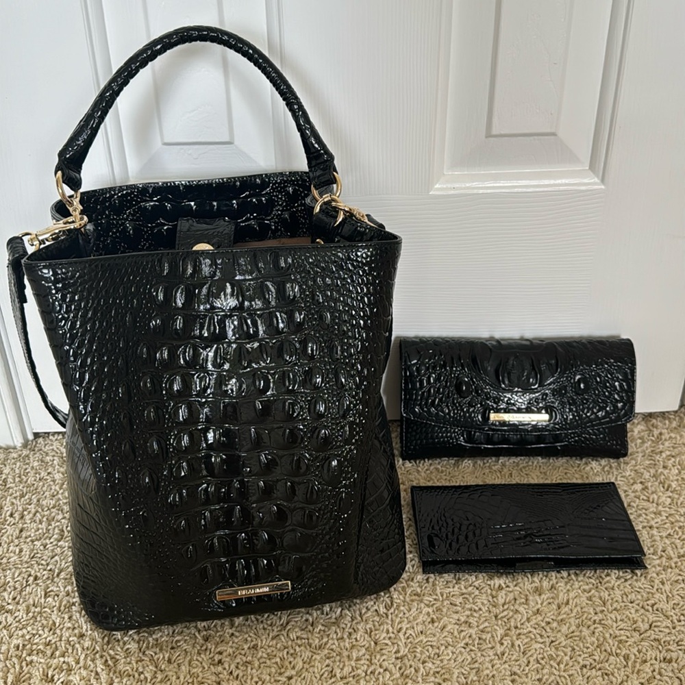 Black Croc-Embossed Tote Bag with Matching Wallets
